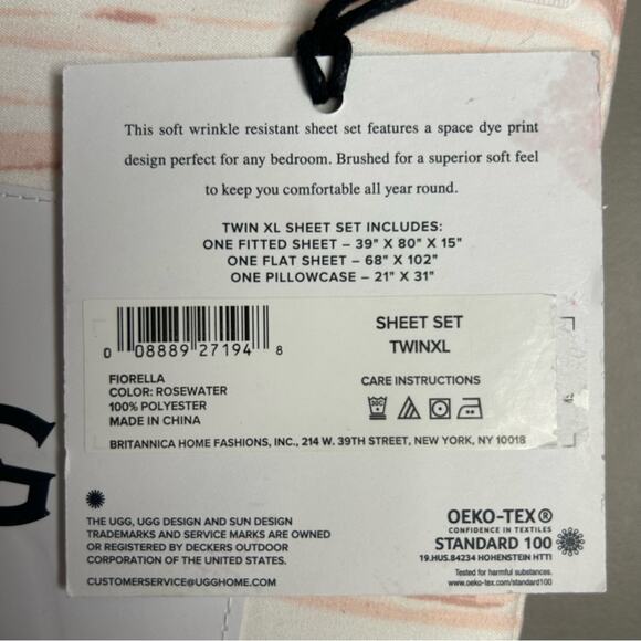 UGG Twin XL Sheet Set Fiorella Rosewater Pink White Stripe Space Dye Print NWT - Picture 3 of 3